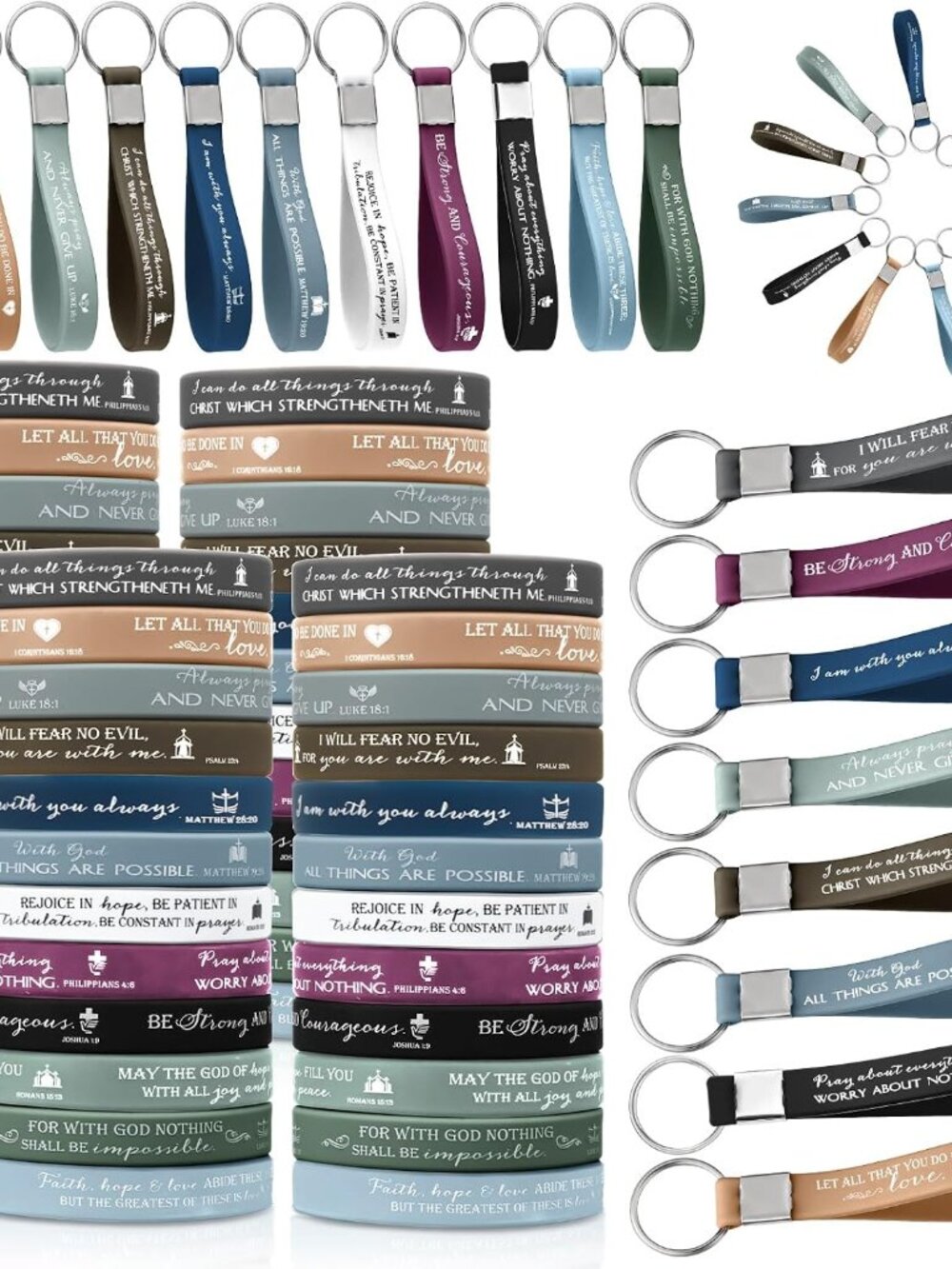 120 Pcs Bible Verse Bracelets Keychains Bulk Set